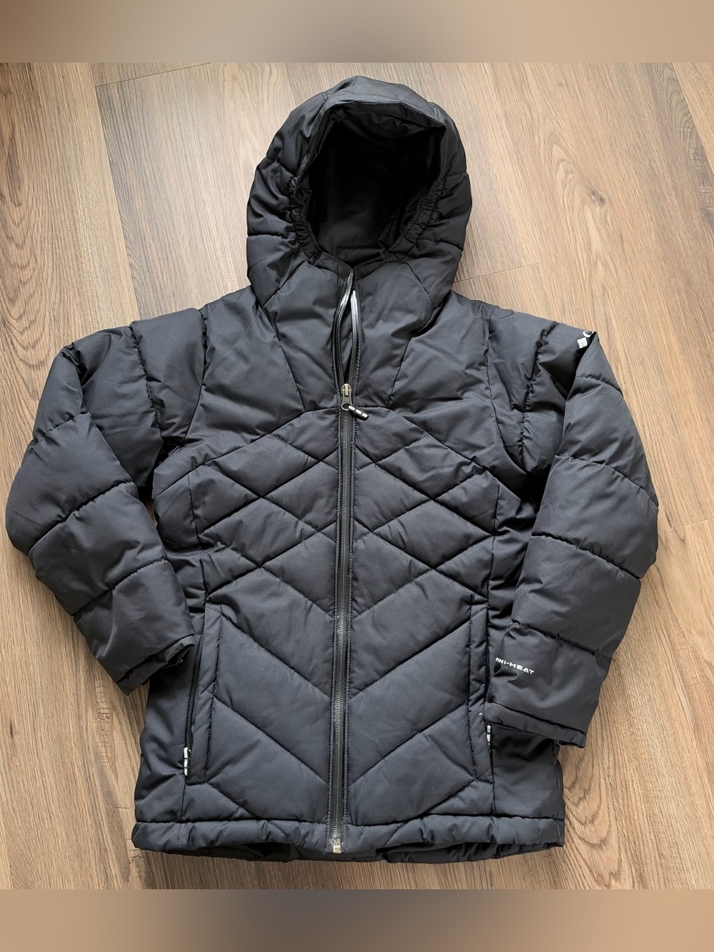 Columbia Girls Powder Quilted Hooded Jacket Small Black Omni-Heat Outgrown Coat